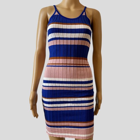 Women Ribbed Woven Bodycon Dress Medium M Blue Pink White Stretch Wide Stripes - Picture 4 of 16
